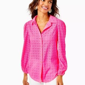 Lilly Pulitzer Sea Breeze Eyelet Button Down Top Pink Isle M